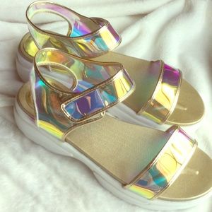 New in box metallic vinyl sandals size 9